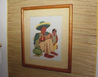 2 Vintage Mexican Mexico Framed Art Prints 1950's Marked Seri Pair Folk Art