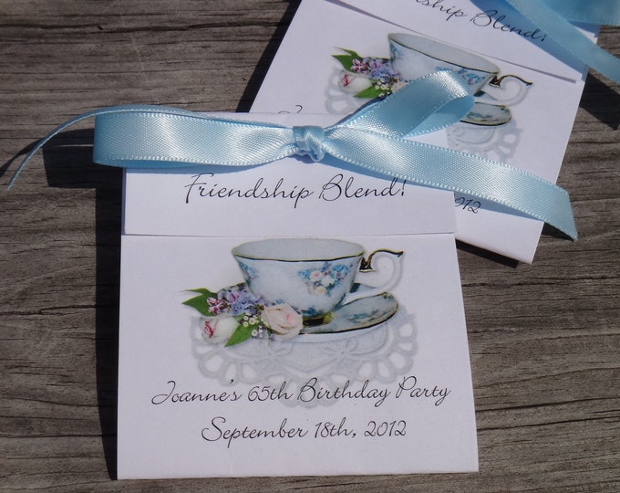 Rose Medley Pink White Rose Teacup Personalized Tea Bag Birthday Party Favors 30th 40th 50th 60th 70th