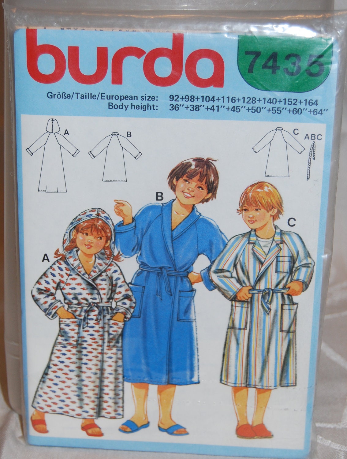 Burda Childrens Robe Pattern 7435 For Heights 36 Inches to 64