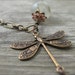 Dragonfly Necklace, Brass Dragonfly, Antiqued Bronze Chain, Serpentine Gemstone