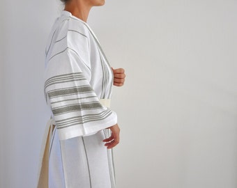 Bathrobe Kimono Robe Peshtemal Robe Caftan Turkish Bath Towel Bath and Beauty Eco Friendly Obi Belt White Military Olive Green Sage