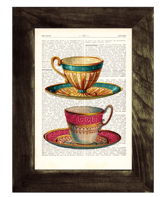 on Teacups vintage  Dictionary Page book Upcycled book Two teacups print dictionary Teacups