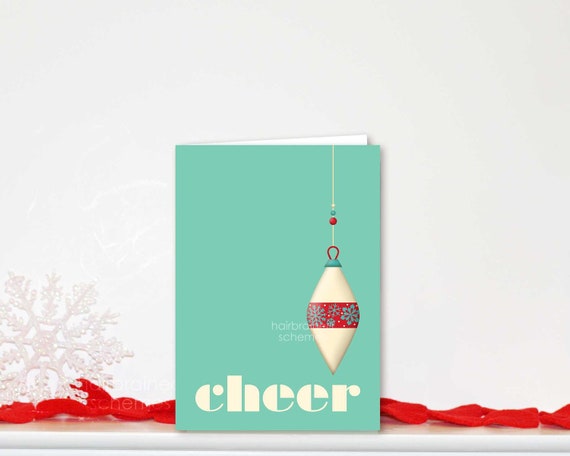 Items similar to Retro Christmas Holiday Greeting Card Cheer Aqua Vintage Ornament on Etsy