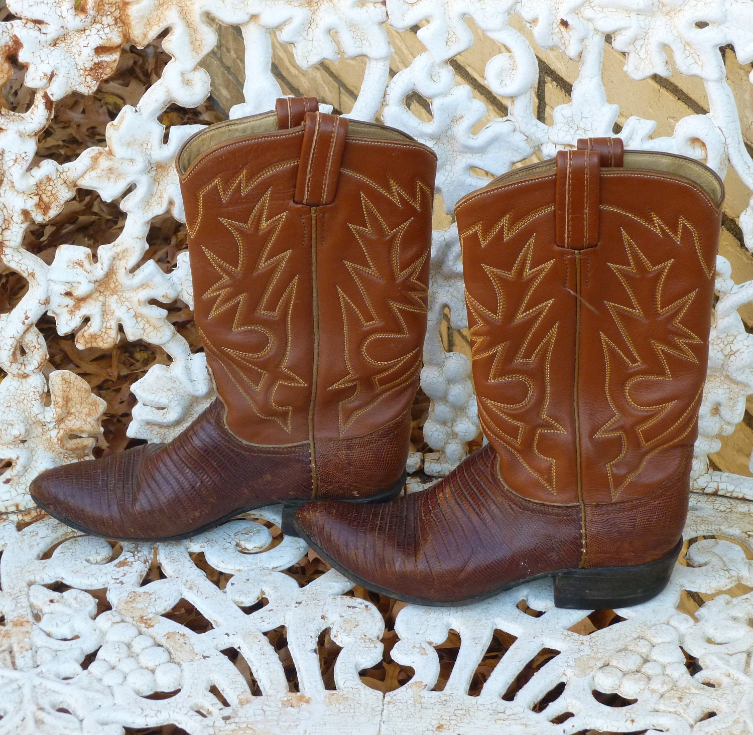 1980s Tony Lama Cowboy Boots Brown Leather Stitching Western