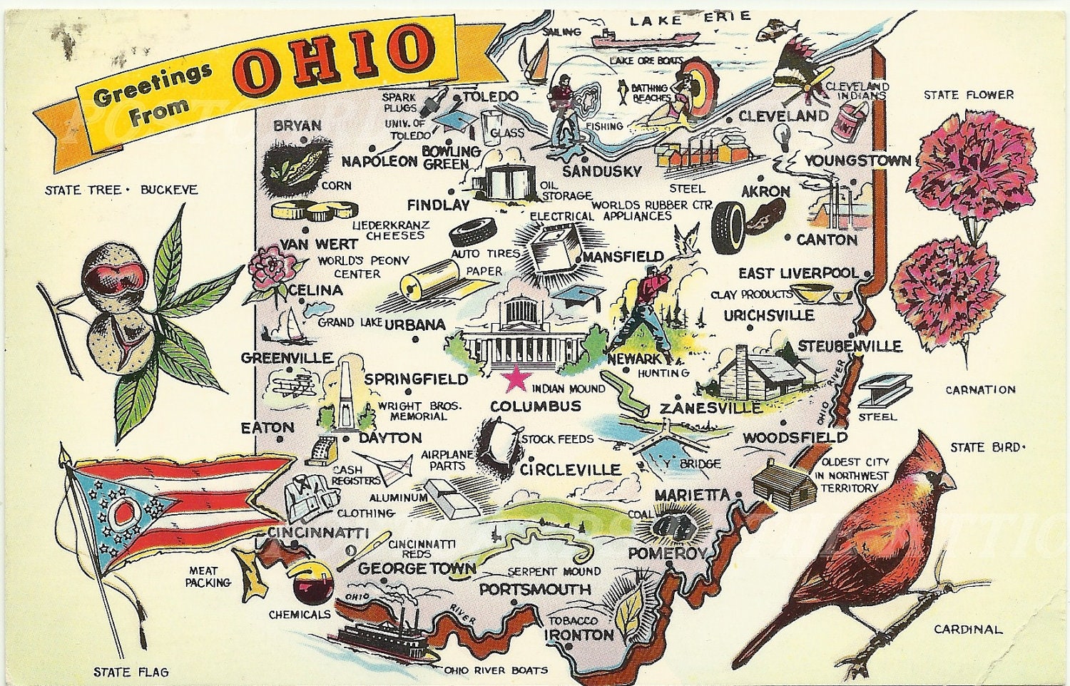 Vintage Postcard Map of Ohio Souvenir 1960's