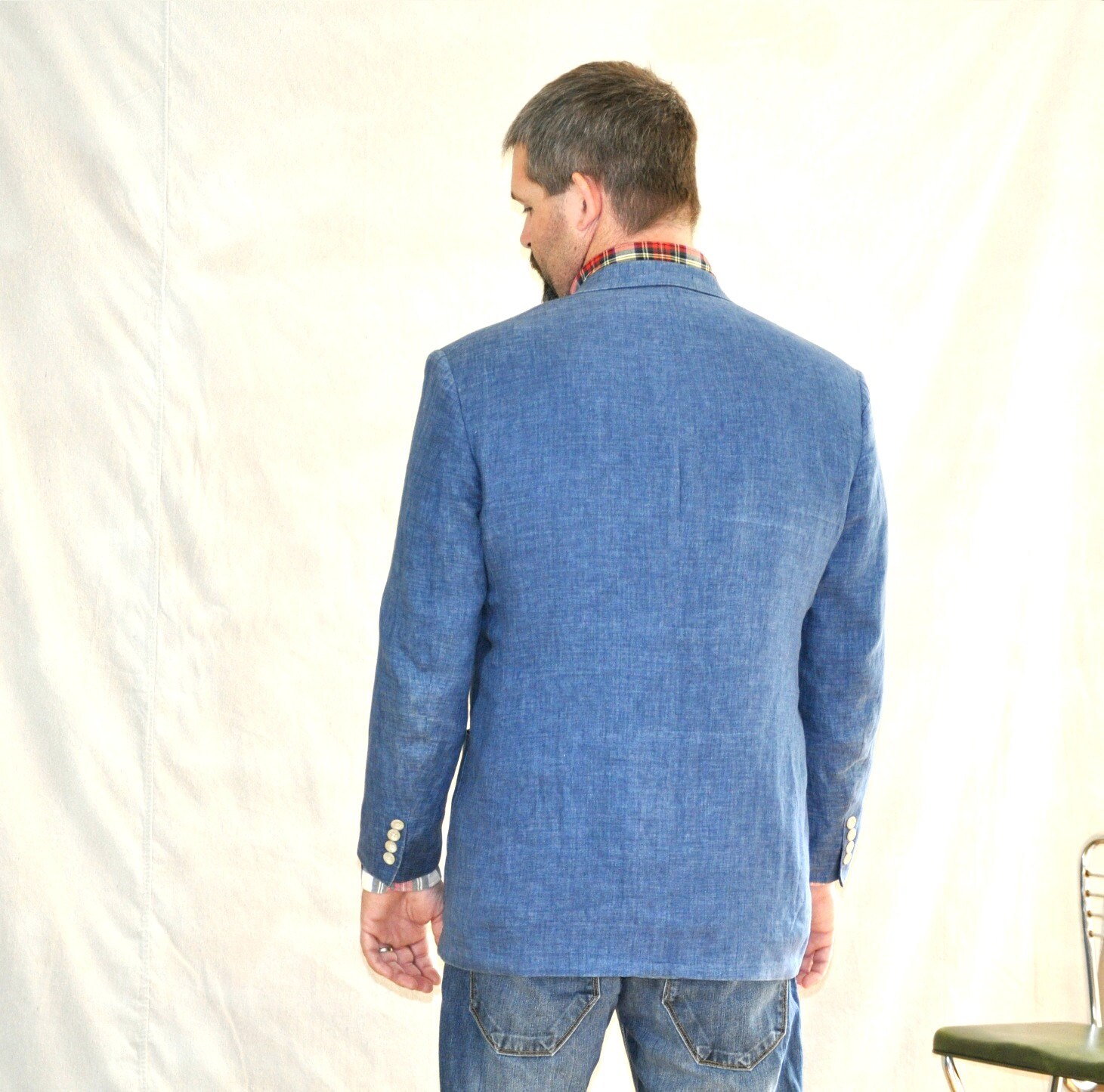 Mens Chambray Blazer. Vintage Blue Denim Sport Coat 44R.