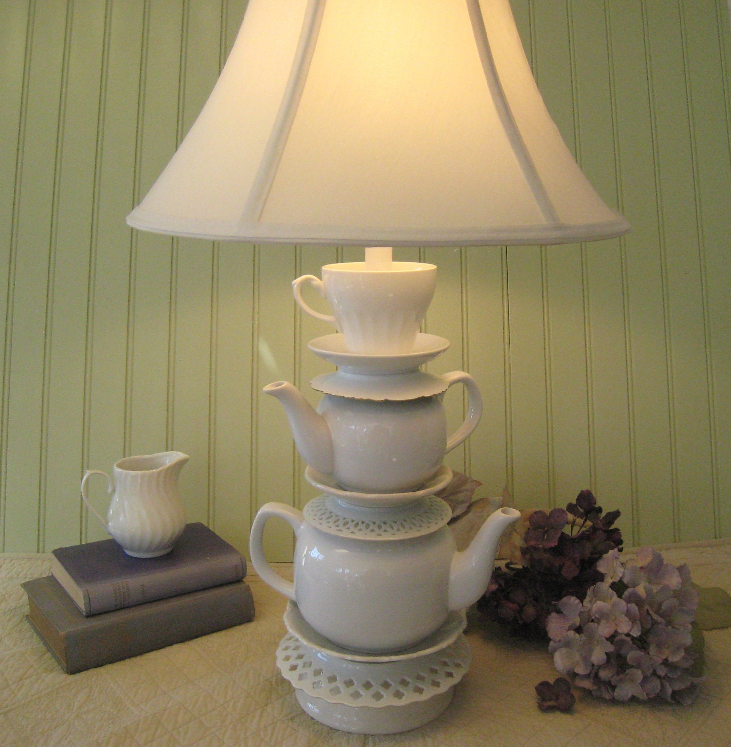 White Stacked Teapot Lamp Tea Cup and Reticulated by ThistleandJug