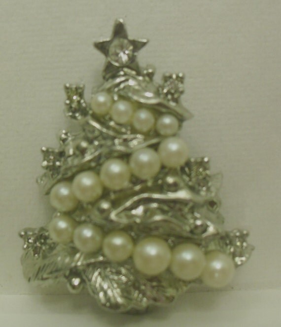 vintage silver christmas tree pin 1960 trimmed with faux vintage silver christmas tree pin 1960 trimmed with faux