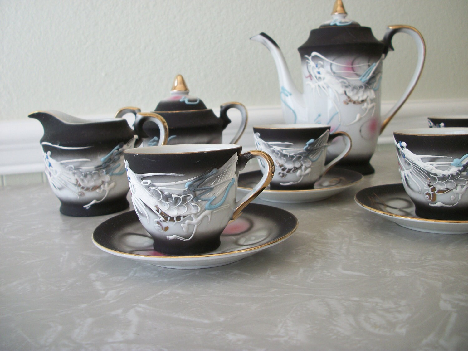 Vintage Dragonware Tea Set Moriage Demitasse Lithophane Geisha