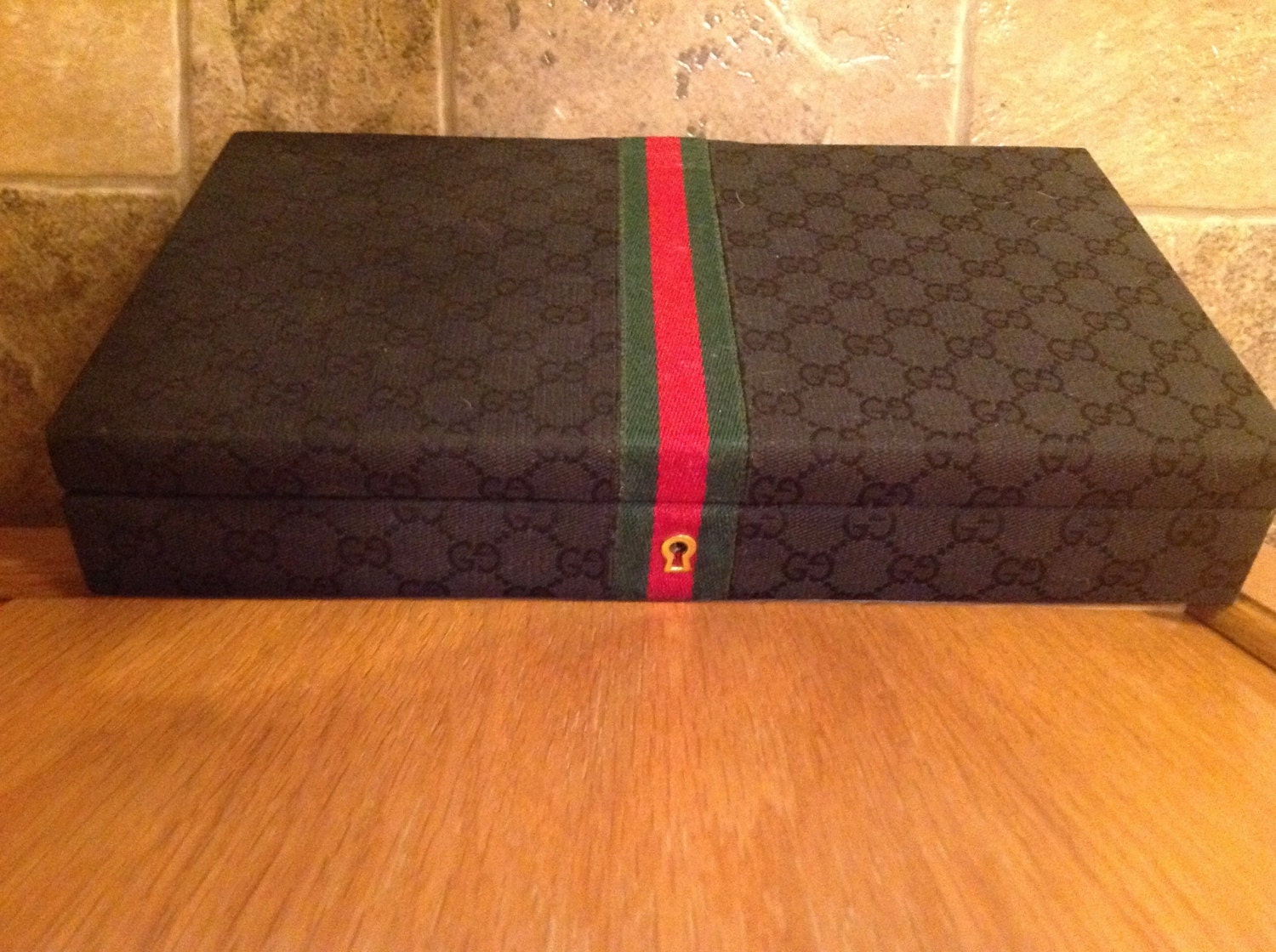 Vintage Gucci Jewelry Box Black Leather Fabric Authentic Suede