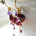 14k Gold Earrings with Garnet and Amethyst. Red Gemstone Earrings. Long Earrings. Free Shipping.