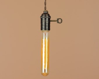 Bare Bulb Pendant Light - Edison Light Bulb - Large Turn Key - Antique Reproduction Twisted Cloth Wire - Farmhouse Style Home Decor