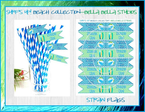 SURFBOARD Party STRAW FLAGS ~ Printable Instant Download Il_570xn