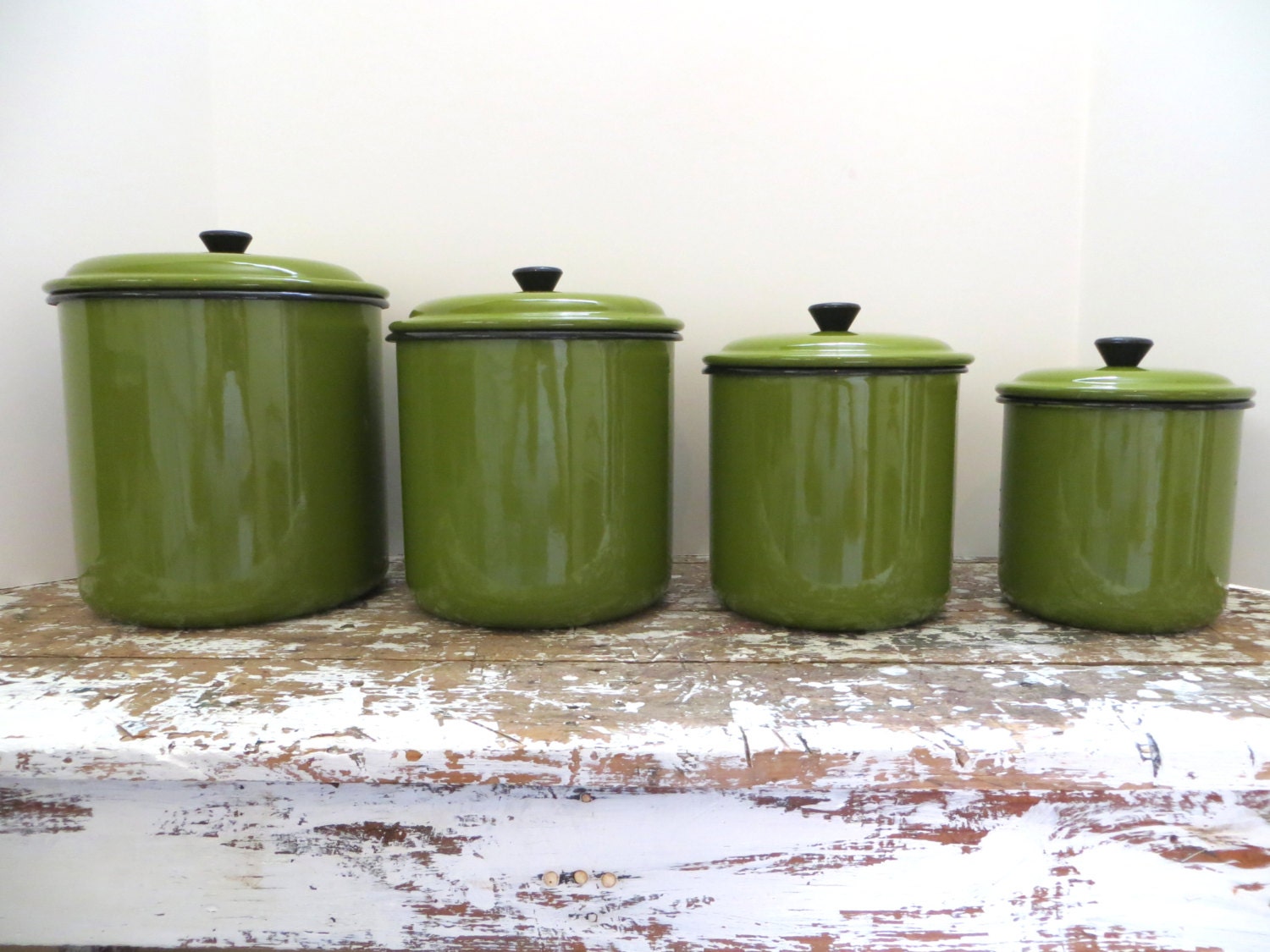 Vintage Green  Enamel Canister Set  Metal Canister Kitchen 