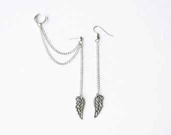 Dangling Wings Double Silver Chain Ear Cuff Earrings (Pair)