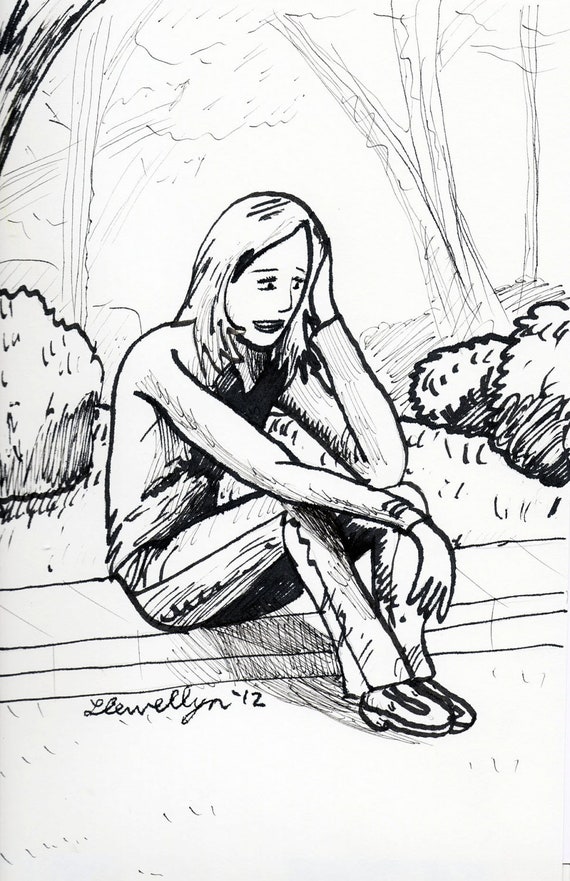 Items Similar To Woman Sitting On A Street Curb Ink Drawing On Etsy