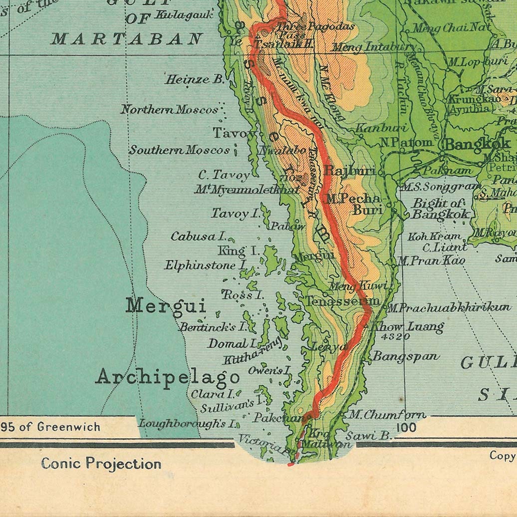 1941 Vintage Physical Map Of Burma Myanmar Southeast Asia