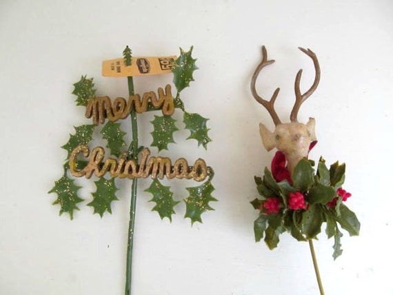 two vintage christmas floral picks reindeer and merry two vintage christmas floral picks reindeer and merry