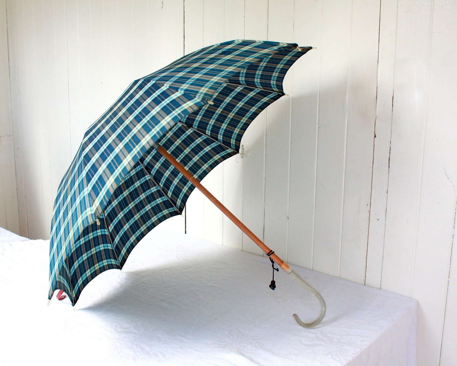Vintage Umbrella with Lucite Handle Blue Plaid Umbrella