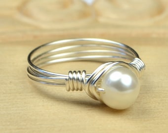 Sterling Silver Filled Wire Wrap Ring with White Pearl- Any Size- Size ...