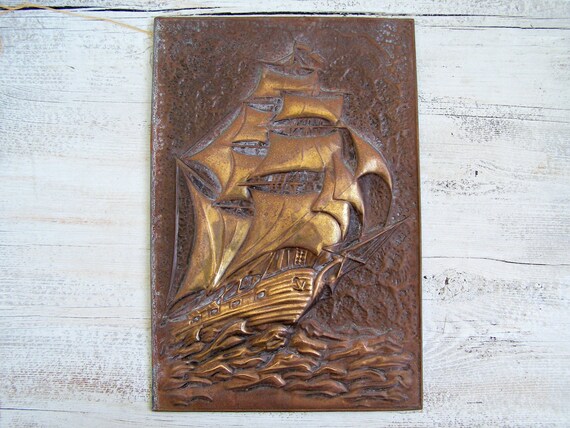 Antique Sailboat Hammered Copper Wall Art Nautical Rustic