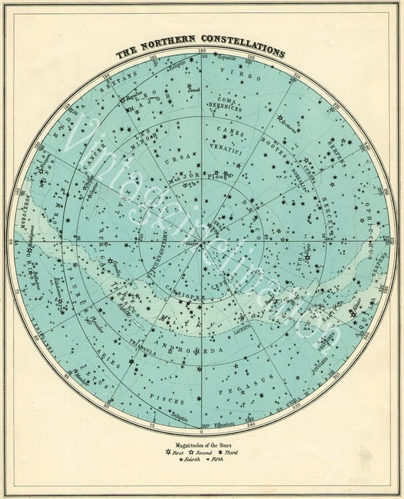 1932 Vintage Star Chart Beautiful NORTHERN Celestial Map