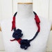 black, navy blue and red wool felt and linen twine OOAK necklace, Hand made, fashionable fashion accessory, felt flower jewelery, zip, clasp