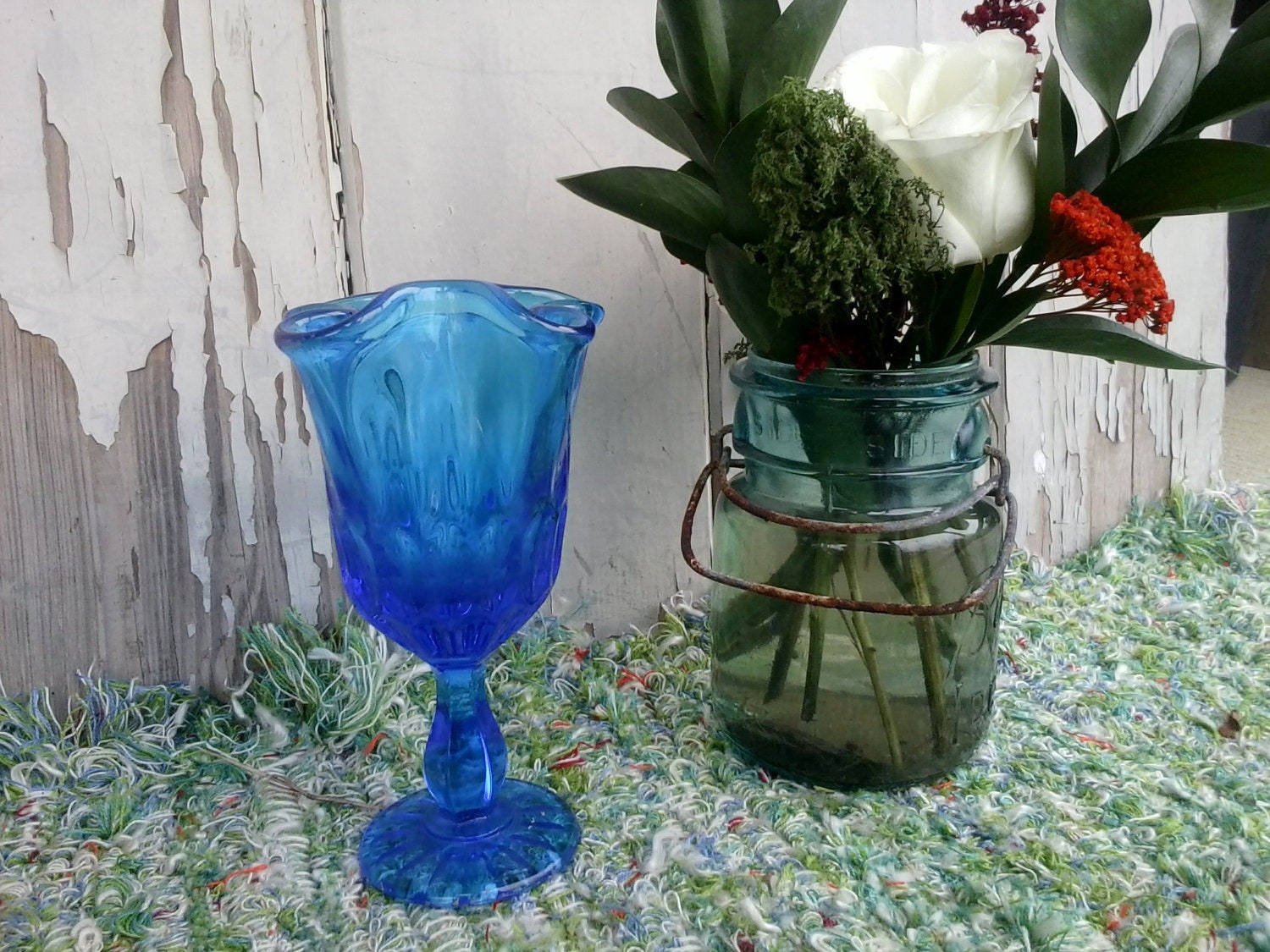 Vintage Blue Art Glass Vase Antique Retro Flower Holder or