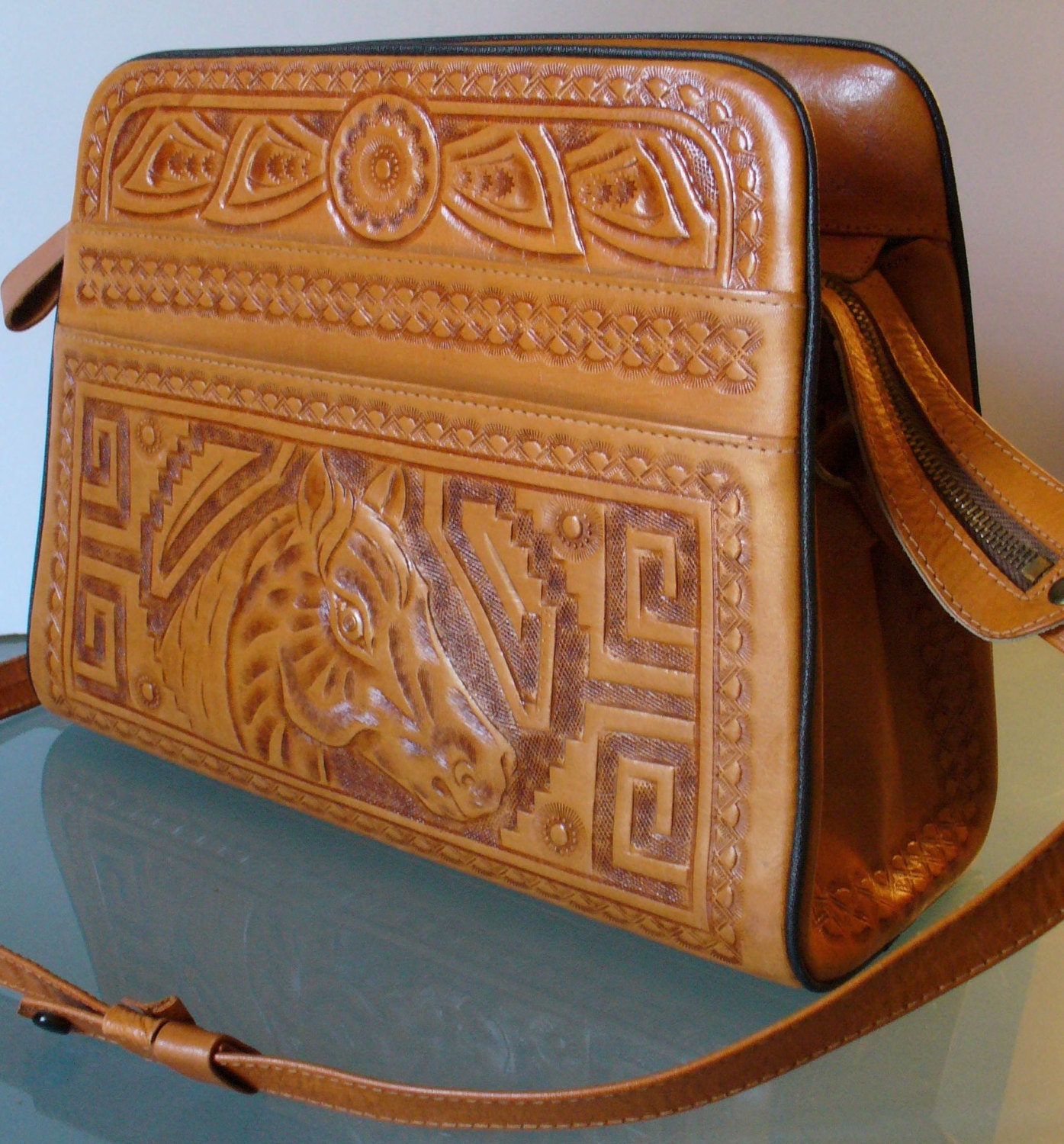 Vintage Mexican Large Tooled Leather Bag