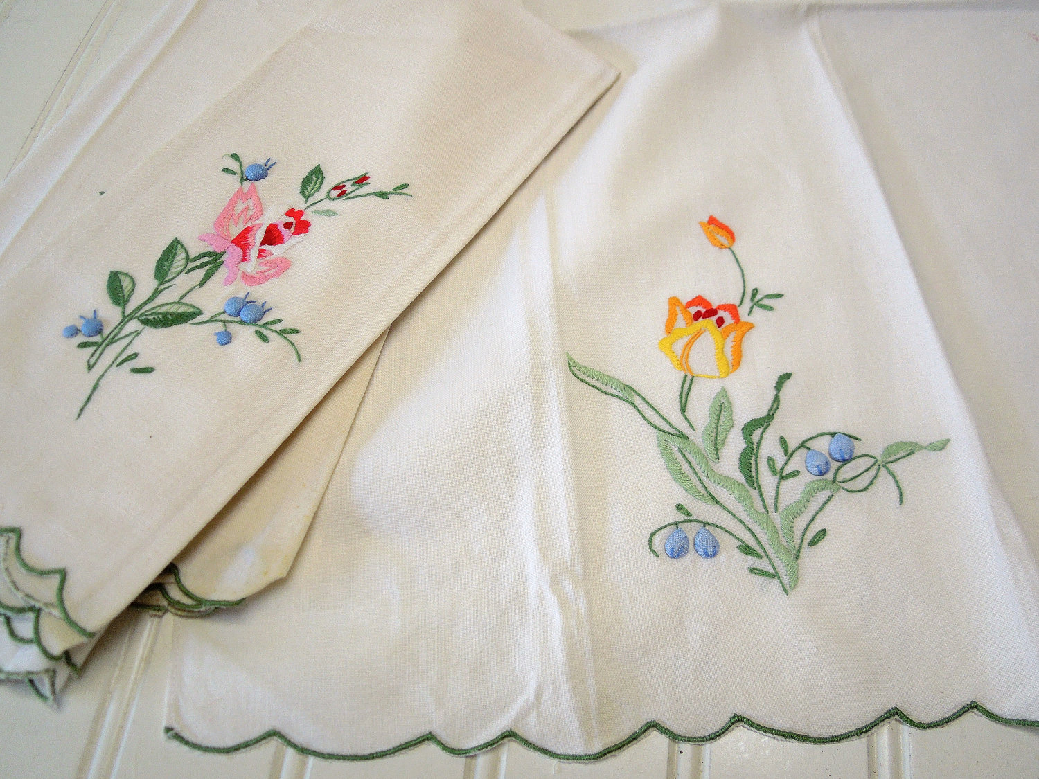 SALE Hand Embroidered Floral Tea Towels Rose by GoodBonesVintageCo