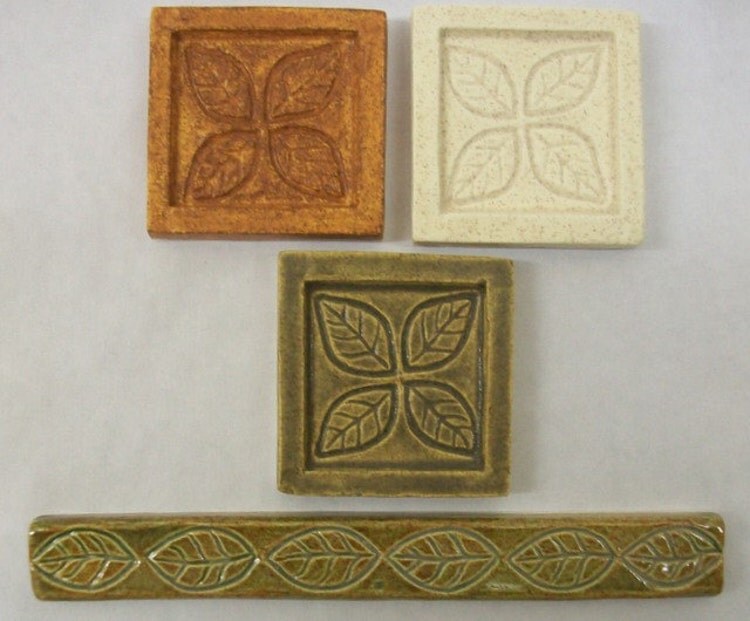 Ceramic Accent Tile 2x2 Incised Leaf Design by FarRidgeCeramics
