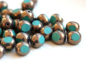 8mm Turquoise green Lustered czech glass beads, Fire polished, bronze luster, round cut - 12Pc - 0496