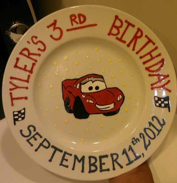 hand painted baby first birthday childs kids keepsake cars movie disney pixar race flag porcelain ceramic glass plate bowl favor