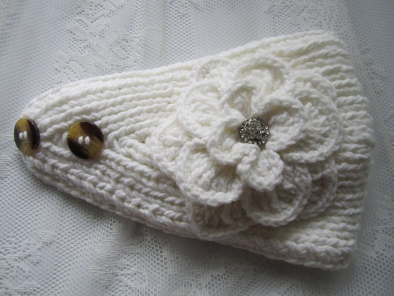 White IvoryKnit Headband Ear Warmer with Crochet by ...