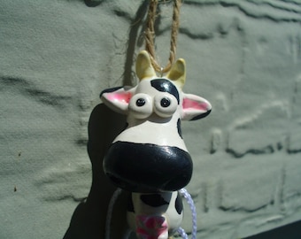 White and Black Cow Polymer Clay Figurine Farm Animal Ooak Ornie Ornament