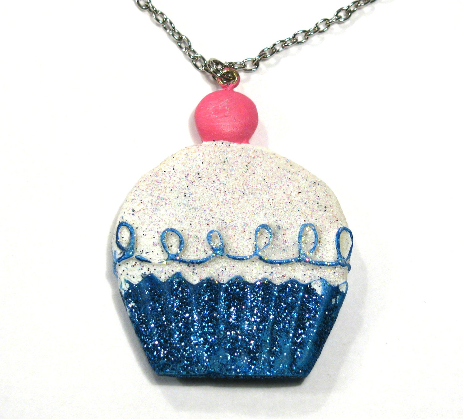 Blue glitter cupcake necklace chain included by VivaVegaBoutique