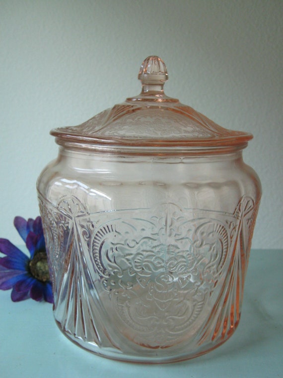 Pink Depression Glass Biscuit Cookie Jar With Lid Vintage