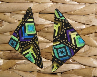 Stud Earrings - Triangle Fabric Covered Wood Earrings