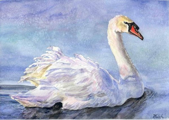 Original Watercolor Painting elegant swan Gliding