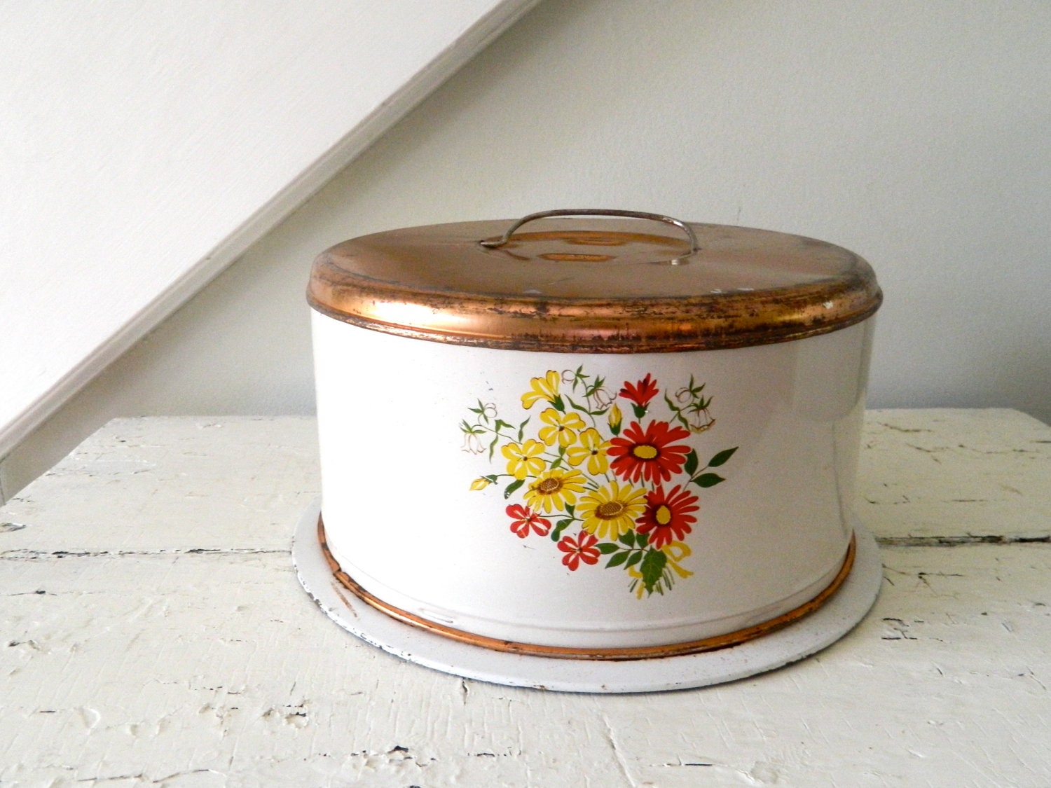 Vintage Metal Cake Carrier Plate Metal Tin Floral