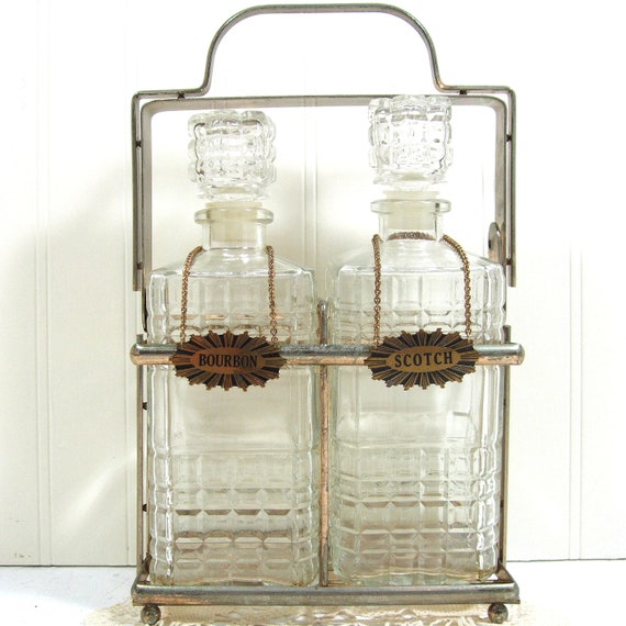 Liquor Decanter Set with Carrier and Metal Tags Vintage