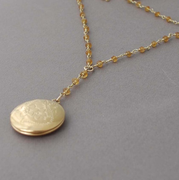 Gold Locket Citrine Beaded Necklace by JENNYandJUDE on Etsy