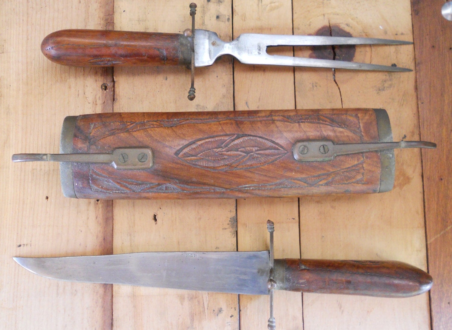 Vintage Meat Carving Set Knife Fork Wood Brass Made in India