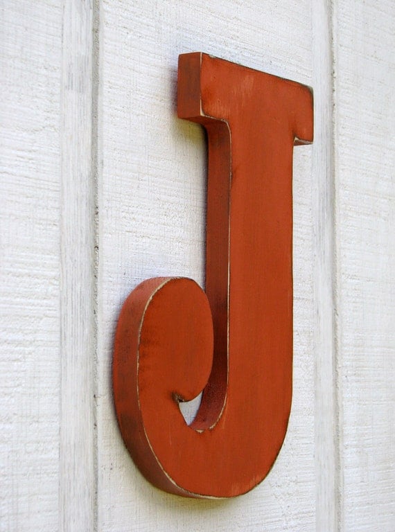 Rustic Wooden Letter J Distressed Painted Terra Cotta12