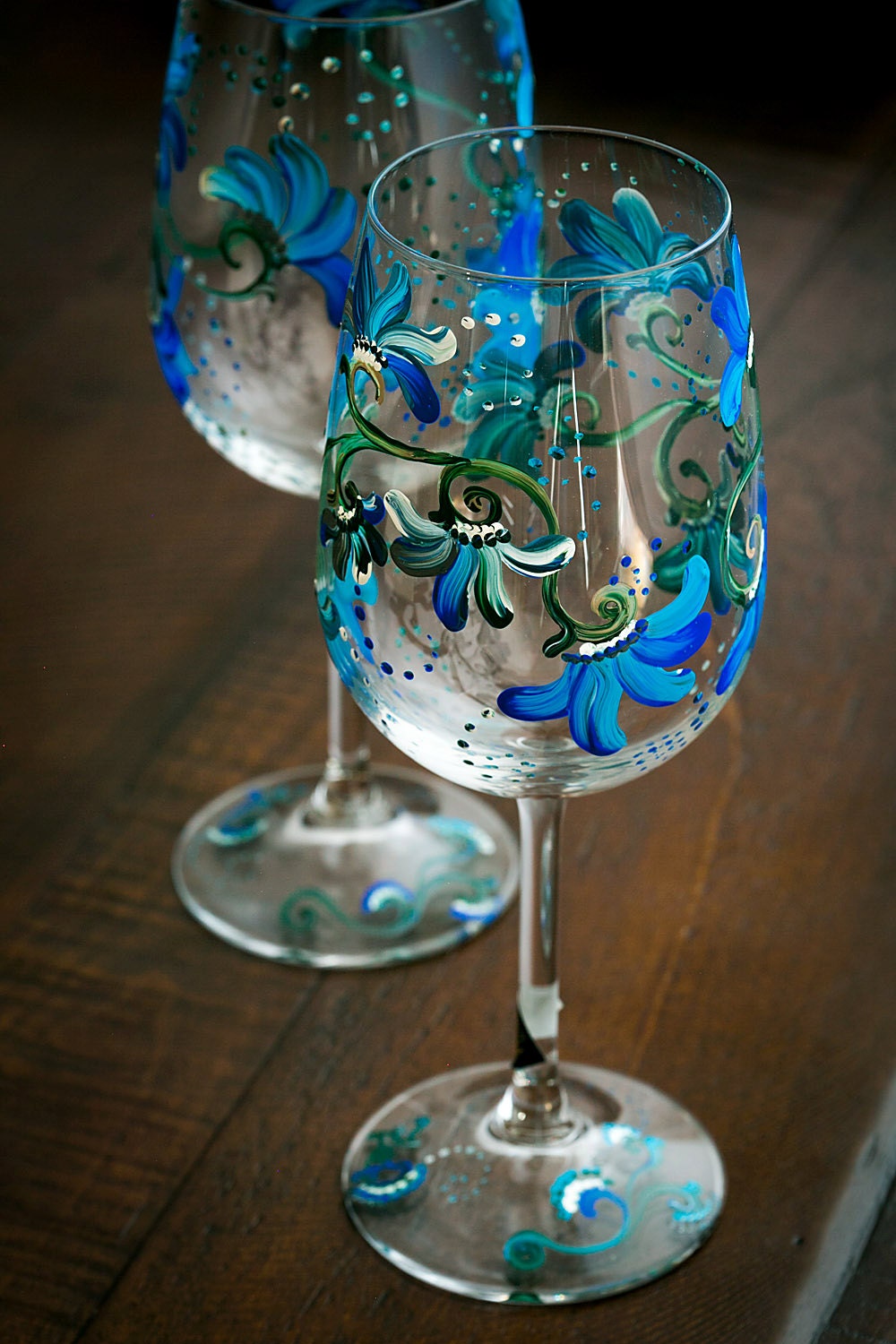 Floral Blue Decorated Hand Painted Wine Glasses by ZoraidasArt