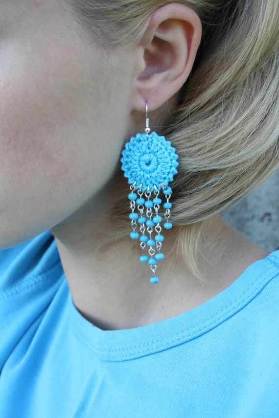 Items similar to Crochet Hoop Earrings with beads on Etsy