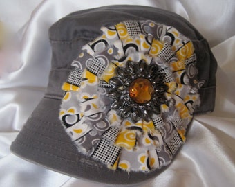 Sale... Cadet Grey Military Distressed Army Hat with a Variegated Mustard Grey Flower and a Gorgeous Flower Accent