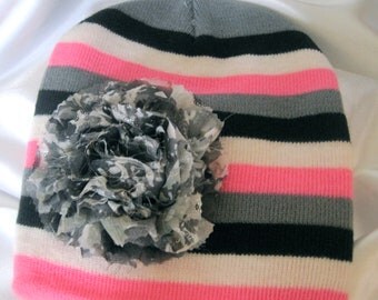 Toddler Girls Pink Black White and Grey Striped Beanie with a Grey Variegated Chiffon Flower Fits Up to 6 months