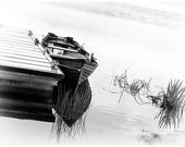 Dreamland -  Black and White Landscape Photo of  Row Boat Tethered to Dock Wall Decor Art