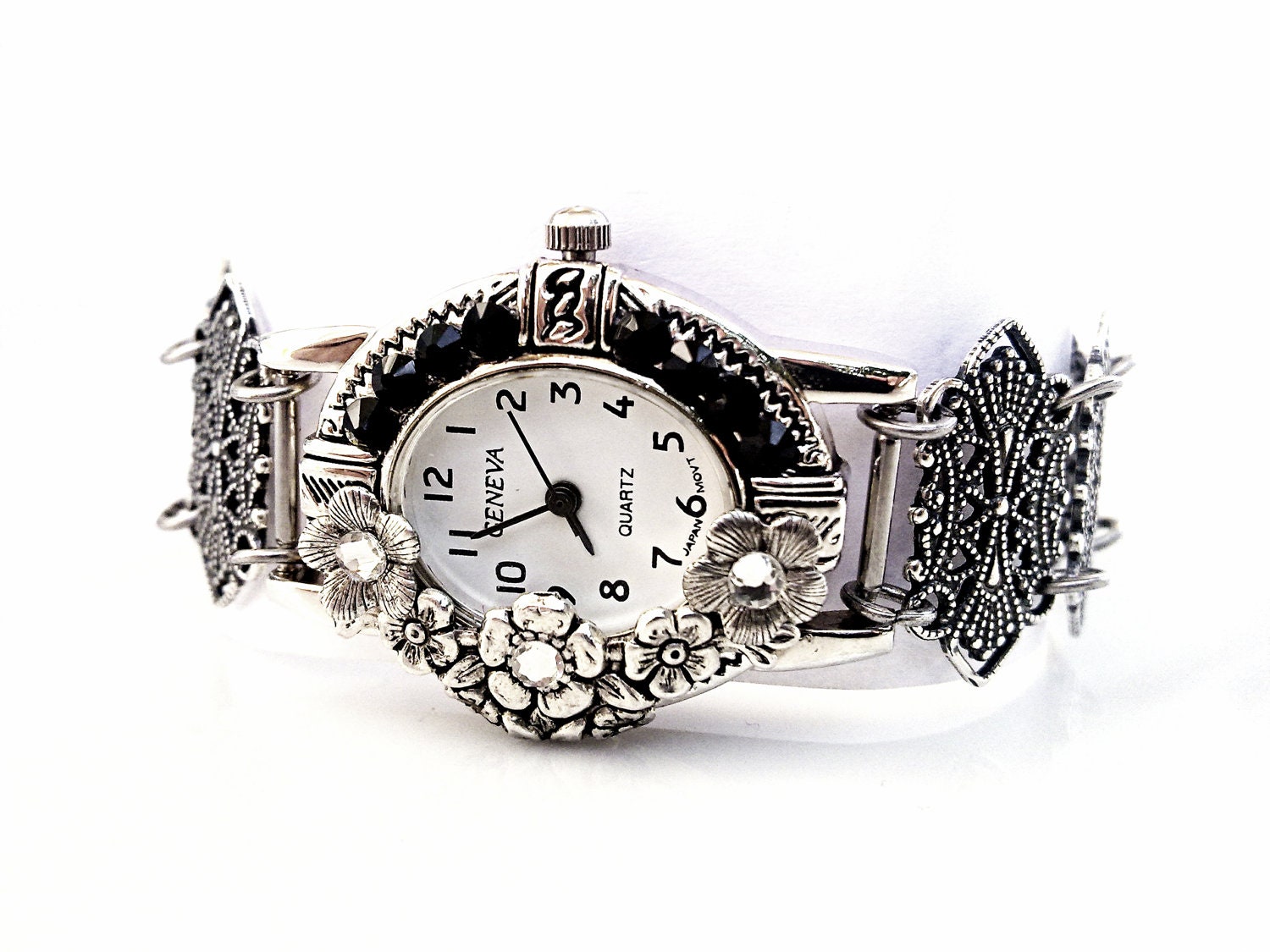 Victorian Gothic Wrist Watch Silver Floral Filigree